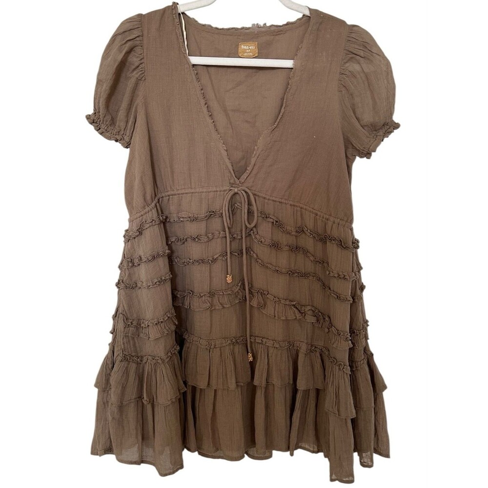 Free People Brown Tan Ruffle Darcy Mini Dress - Picture 2 of 10